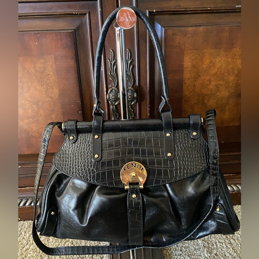 Authentic Fendi Black Croc-Embossed Leather Handbag